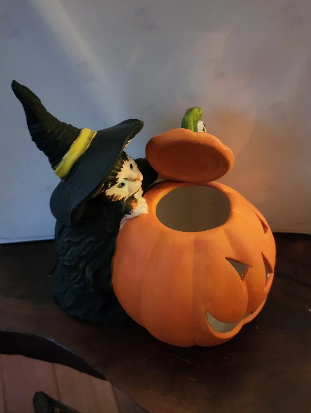 Vintage Ceramic Cat and Pumpkin Trinket Box - Orange & White